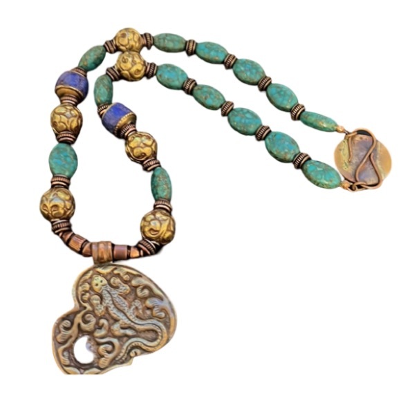 Antique Victorian Turkish Bronze Work w Turquoise Stone Beaded Mermaid Necklace - Picture 6 of 11